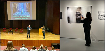side-by-side image of individuals speaking on stage and viewing a photo exhibition