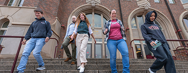 students walking down steps in front of law building