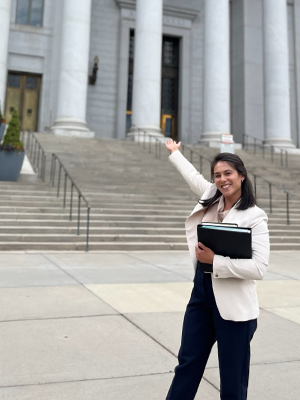 Julia Boccagno in front of courthouse steps in Denver