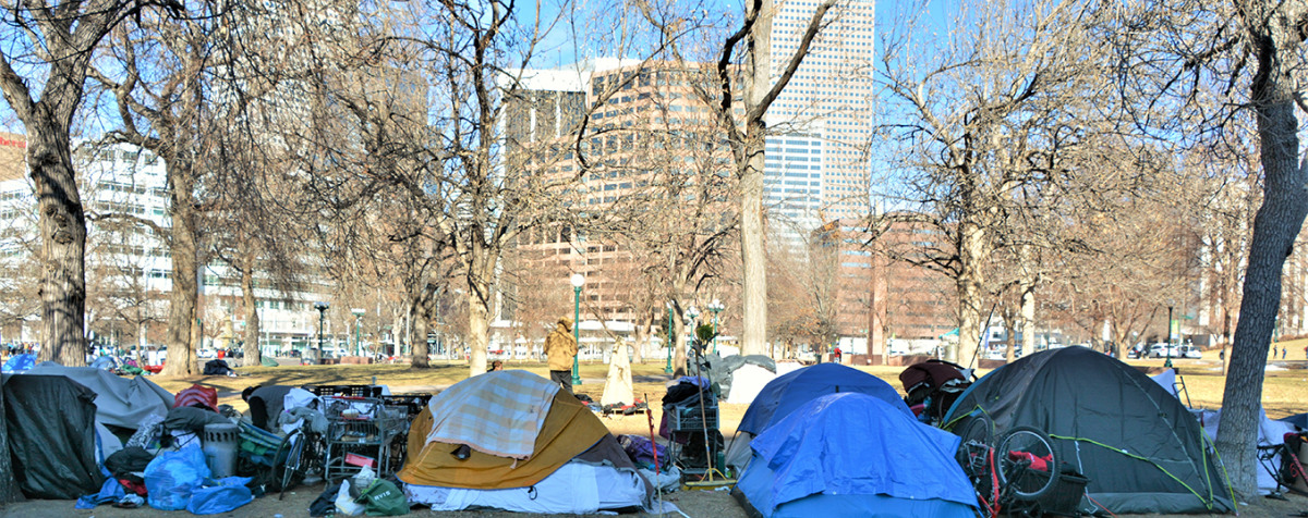 Tent city in a park in downtown Denver